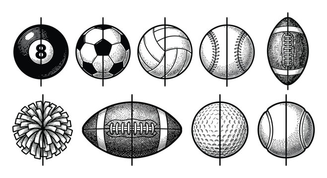 A collection of vintage-style hand-drawn featuring various sports balls and equipment on a white background