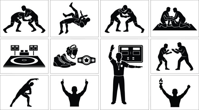 Premium wrestling and grappling sports silhouette icon collection featuring athletes, referee, arena and championship equipment