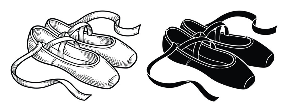 A pair of ballet pointe shoes shown in both detailed line and solid black silhouette styles for dance