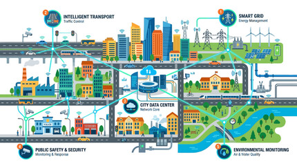 Obraz premium Smart city, intelligent transport, infrastructure, urban planning, illustration isolated on White Background
