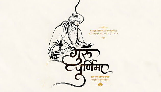 Guru Purnima artistic sage sketch with Devanagari calligraphy, spiritual celebration illustration design background