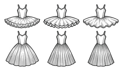 Set of hand-drawn featuring various styles of ballerina tutus and ballet dresses © Sultana