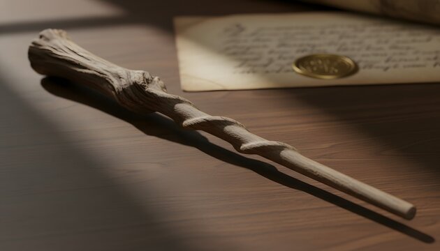 Handcrafted wooden magic wand stick resting on a study desk next to an ancient sealed parchment scroll letter for a fantasy wizardry anniversary celebration concept