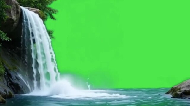 Realistic Waterfall Cascading into Blue River Water on Green Screen Chroma Key Background
