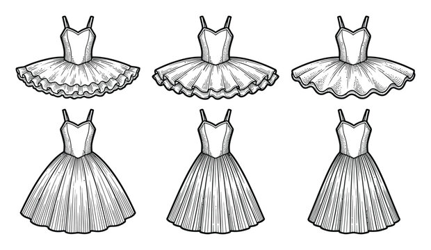 Set of hand-drawn featuring various styles of ballerina tutus and ballet dresses