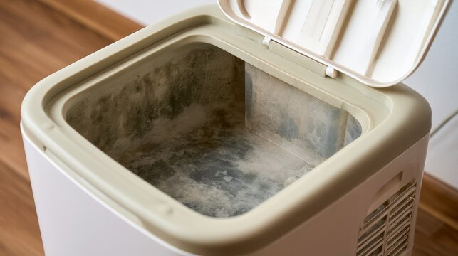 Mold grows inside an opened ice maker located in a kitchen setting during the afternoon