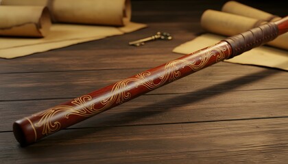 Obraz premium Ornate wooden handle of a magical broomstick on a dark scholar desk with ancient paper scrolls and keys, a fantasy wizardry concept for anniversary celebrations in July