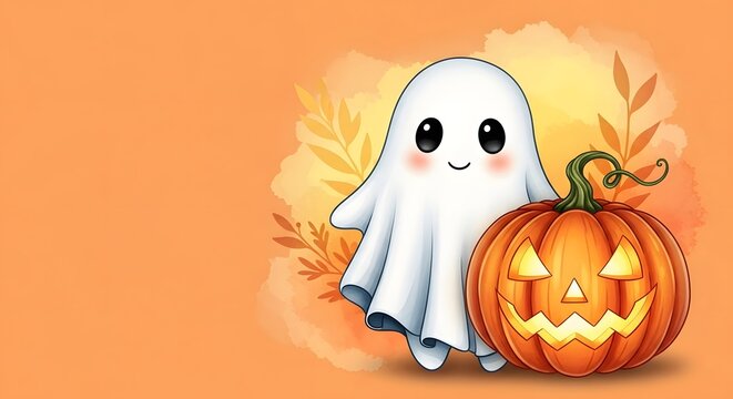 Halloween celebration and autumn season. Holiday spirit and festive decor. Cute ghost character standing with a glowing jackolantern pumpkin