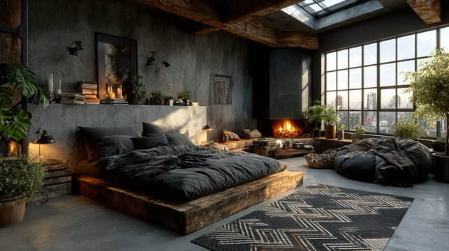 Contemporary loft bedroom with concrete walls metal bed frame geometric rug warm wood accents urban minimalist interior natural daylight AI-generated home design render