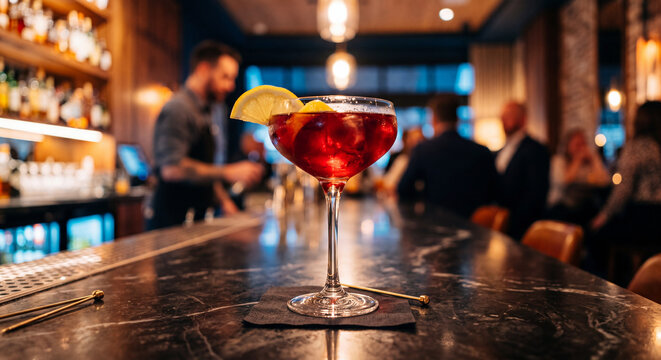 A vibrant cocktail garnished with lemon on a bar counter, capturing a lively bar atmosphere with blurred background patrons.