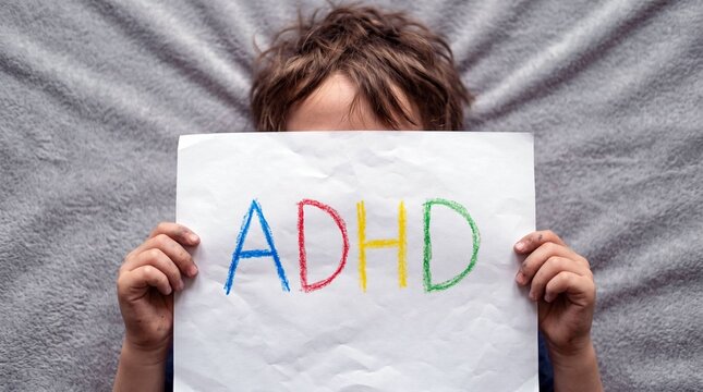 Young Child Lying Down Holding Paper Sign with Colorful ADHD Letters Written in Crayon