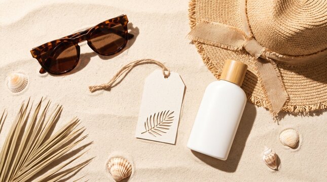 Sun protection accessories with lotion and hat on beach sand, vacation mode