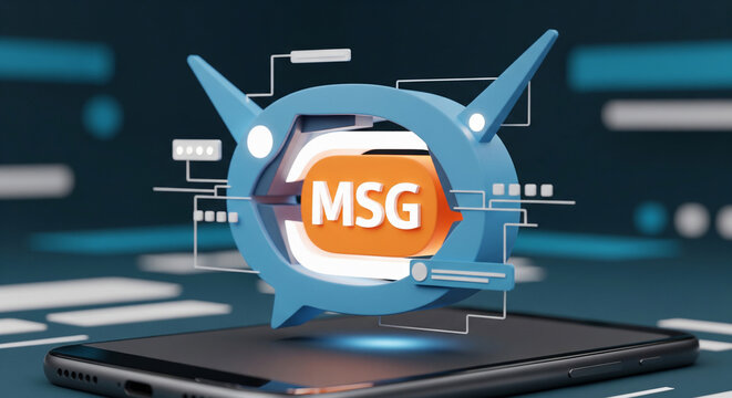 3D rendering of a blue chatbot icon with the word MSG inside an orange bubble, abstract blue background, perfect for communication, technology and messaging services