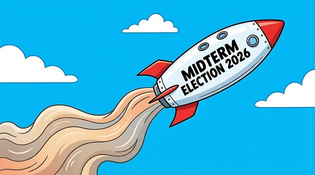 Rocket Launching Over Desert Landscape with Midterm Elections Concept Illustration