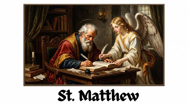 St. Matthew writing Gospel with Angel, biblical scene
