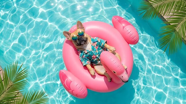 Funny french bulldog wearing sunglasses floating on inflatable flamingo in swimming pool