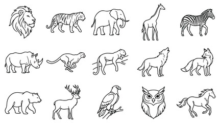 Minimalist wild animal line art icons, set of 15 black and white safari and forest wildlife vectors, modern zoo animal outline illustrations © Ch