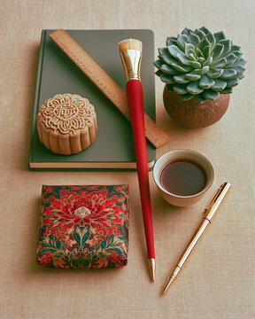 Mooncake Gift Box with Tea, Pen and Succulent Flat Lay