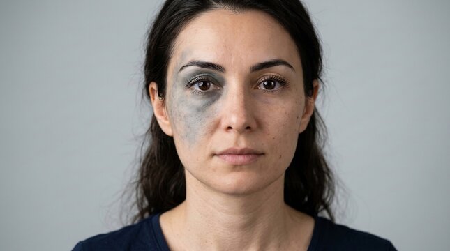 Close-up facial portrait of an adult woman with a dark bruise around one eye and cheek on a neutral background