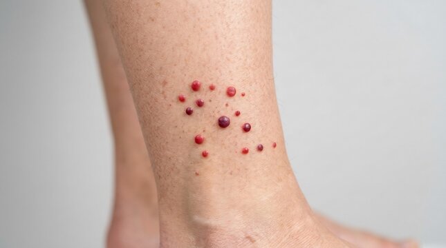 Detailed close-up of small red vascular papules and skin bumps on the lower leg near the ankle