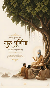 Guru Purnima guru with disciples beneath lush tree, devotional spiritual teaching celebration illustration background design
