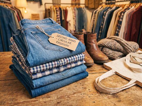 Stack of vintage denim jeans and clothing on a table in a thrift shop