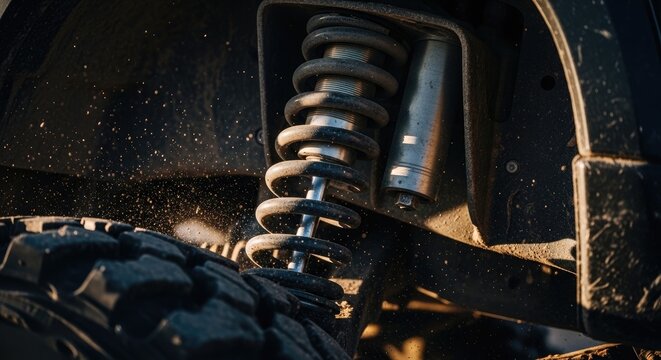 Close-up of a heavy-duty shock absorber and tire on a rugged vehicle.