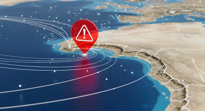 Emergency alert location tracking and disaster management. Crisis warning and geographic security. Red danger pin with exclamation mark on a digital globe map with network connections