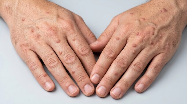 Close-up of human hands showing skin lesions and small papules on the back of hands and fingers