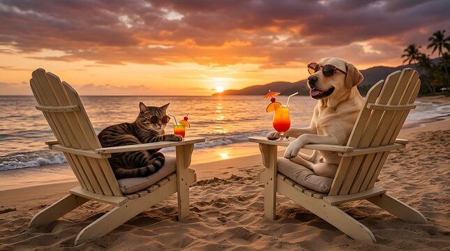Funny dog and cat relaxing on beach chairs with cocktails during a tropical sunset