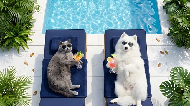 Funny cat and dog relaxing on sun loungers by the swimming pool with cocktails