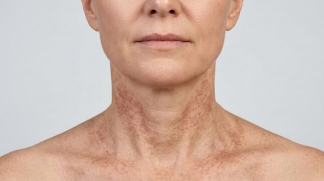 Close-up portrait of a mature woman with skin hyperpigmentation and dark patches on the neck and chest