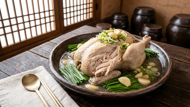 Baeksuk, Korean boiled whole chicken soup with chives and garlic served in a traditional ceramic platter on a wooden table