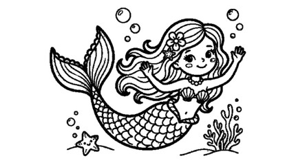 Obraz premium marmaid A cute, simple composition, thick black outlines, coloring book illustration, white background.