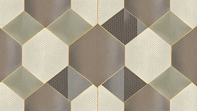 Seamless Shagreen Geometric Pattern with Sage Green and Gray Tiles and Brushed Brass Inlay Luxury Background