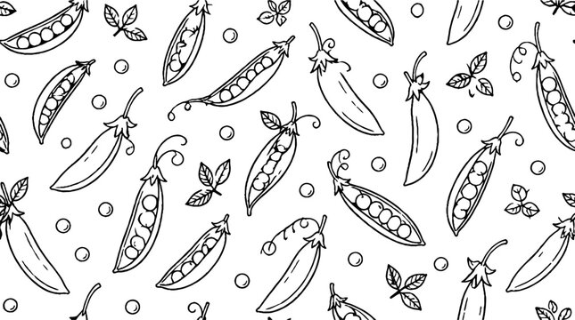 Hand drawn pea pods and leaves pattern design.
