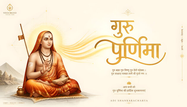 Guru Purnima celebration honoring Adi Shankaracharya in meditation holding sacred scriptures, symbolizing Advaita Vedanta, Hindu philosophy, spiritual wisdom, festival greeting design.