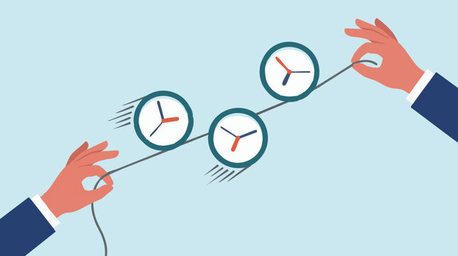 Time management concept with business hands speeding up clocks on a string