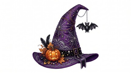 Fototapeta premium Glittery purple witch hat with pumpkin and bats