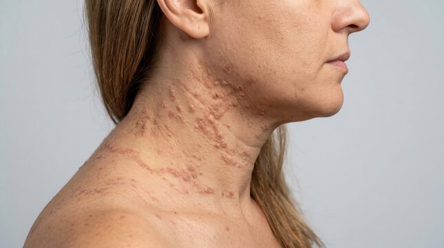 Close-up side profile of an adult woman's neck and shoulder showing skin papules and dermal lesions