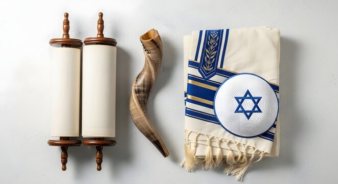 Traditional Jewish religious practices and spiritual heritage. Worship and faith observances. Torah scroll shofar ram horn tallit prayer shawl and kippah skullcap on a plain white background