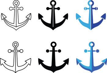 Nautical anchor set black white and blue variations vector illustration for marine themes and branding © Zebu