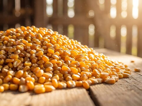 Golden corn kernels piled on a rustic farm table