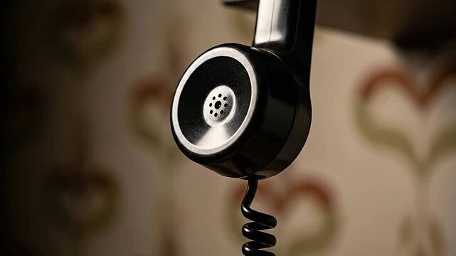 A vintage black telephone receiver hangs against a retro patterned wallpaper background