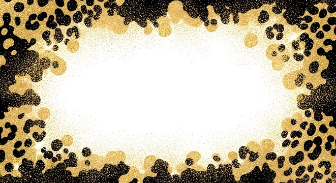 Luxury background frame and textured gold glitter pattern. Glamorous design and festive decorative style. Abstract frame of sparkling gold leopard print spots on a solid black background