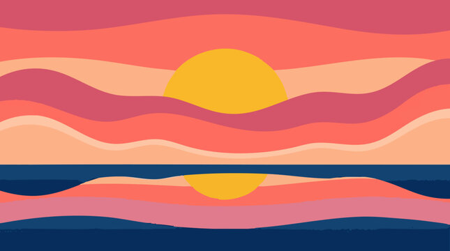 Abstract layered sunset over ocean with vibrant wavy colors