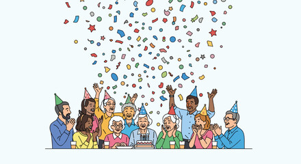 Fototapeta premium Senior citizens have fun celebrating a birthday with a cake and colorful confetti falling around them in a bright room.