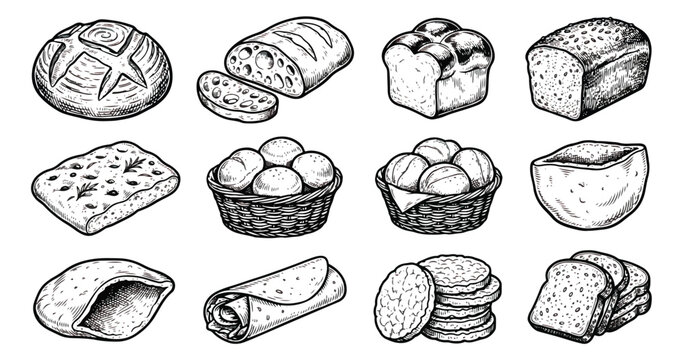 Vintage bread sketch collection, 12 hand drawn bakery icons, rustic sourdough and baguette vector set, organic wheat bread for menu design