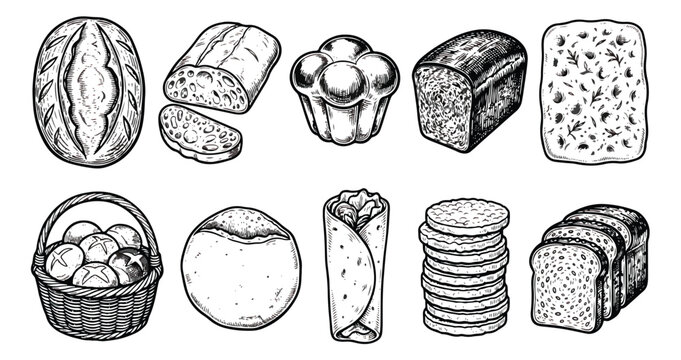 Vintage hand drawn bread collection, 10 bakery product vector icons, rustic engraved sketches of loaf, sourdough, baguette and wheat bread