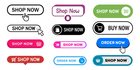 Fototapeta premium Shop Now Buttons, Buy Now and Order Now Web UI Vector Collection
